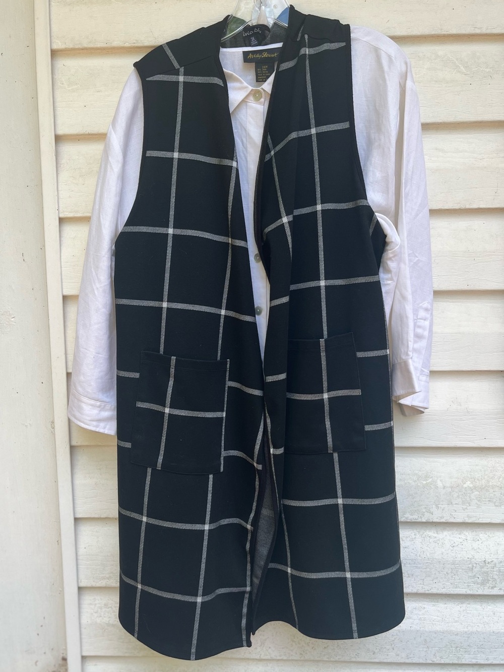 Black Windowpane Long Vest with Front Pockets 3X AND Ashley Stewart 24W blouse